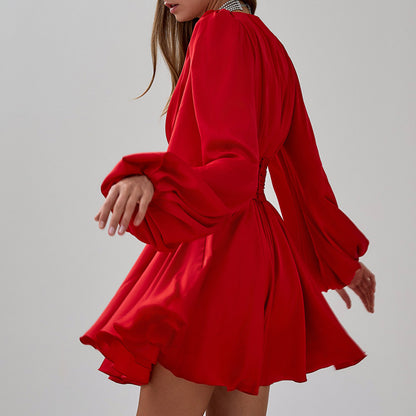 Satin V-Neck Puff Sleeve Belted A-Line Mini Dress