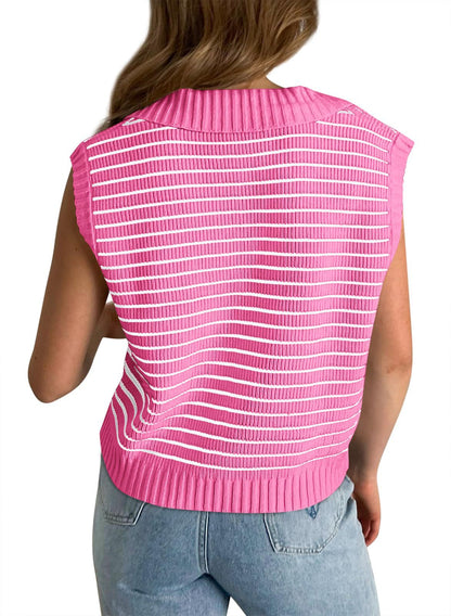V-Neck Striped Knit Sweater, Casual Lapel Top