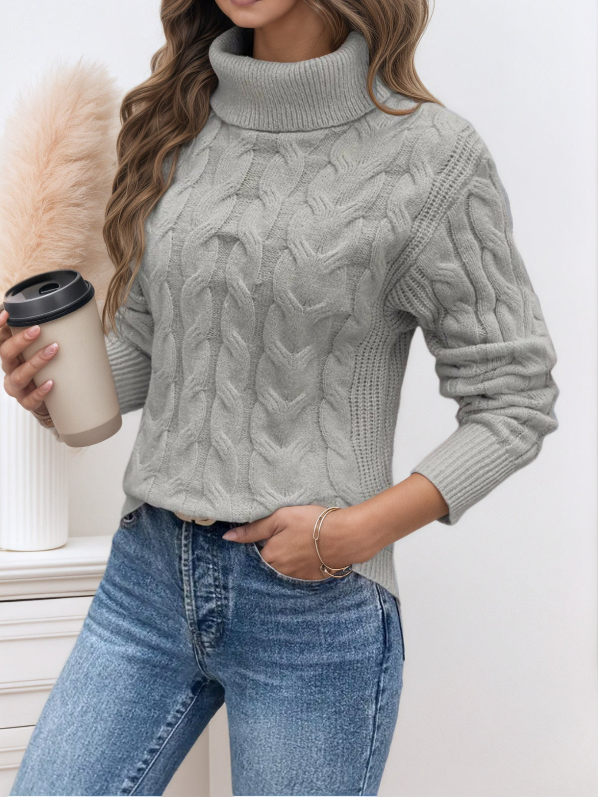 Women's Cable Knit Turtleneck Sweater Long Sleeve