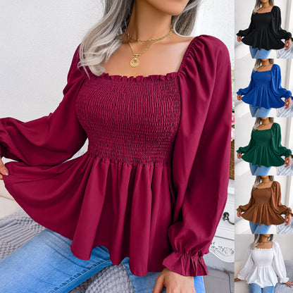 Smocked Square Neck Bell Sleeve Ruffle Peplum Top