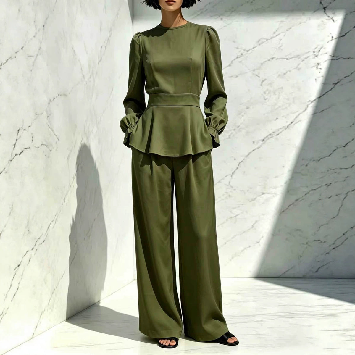 Women's Puff Sleeve Peplum Wide Leg Pants Set