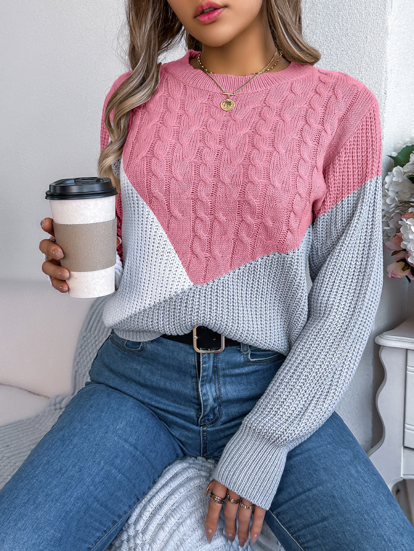Colorblock Cable Knit Sweater – Casual Fall Winter Pullover