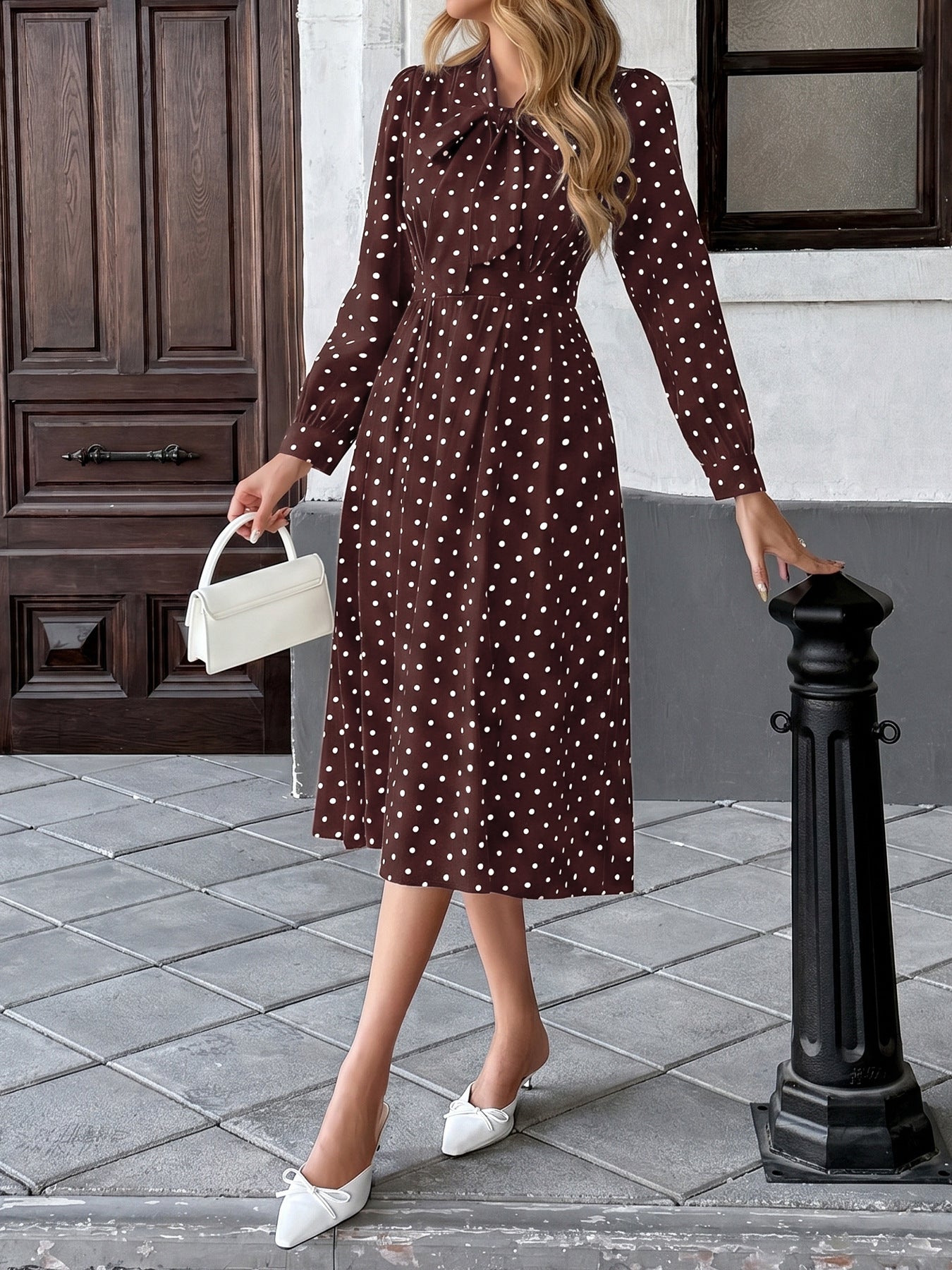 Polka Dot Bow Tie Long Sleeve A-Line Midi Dress