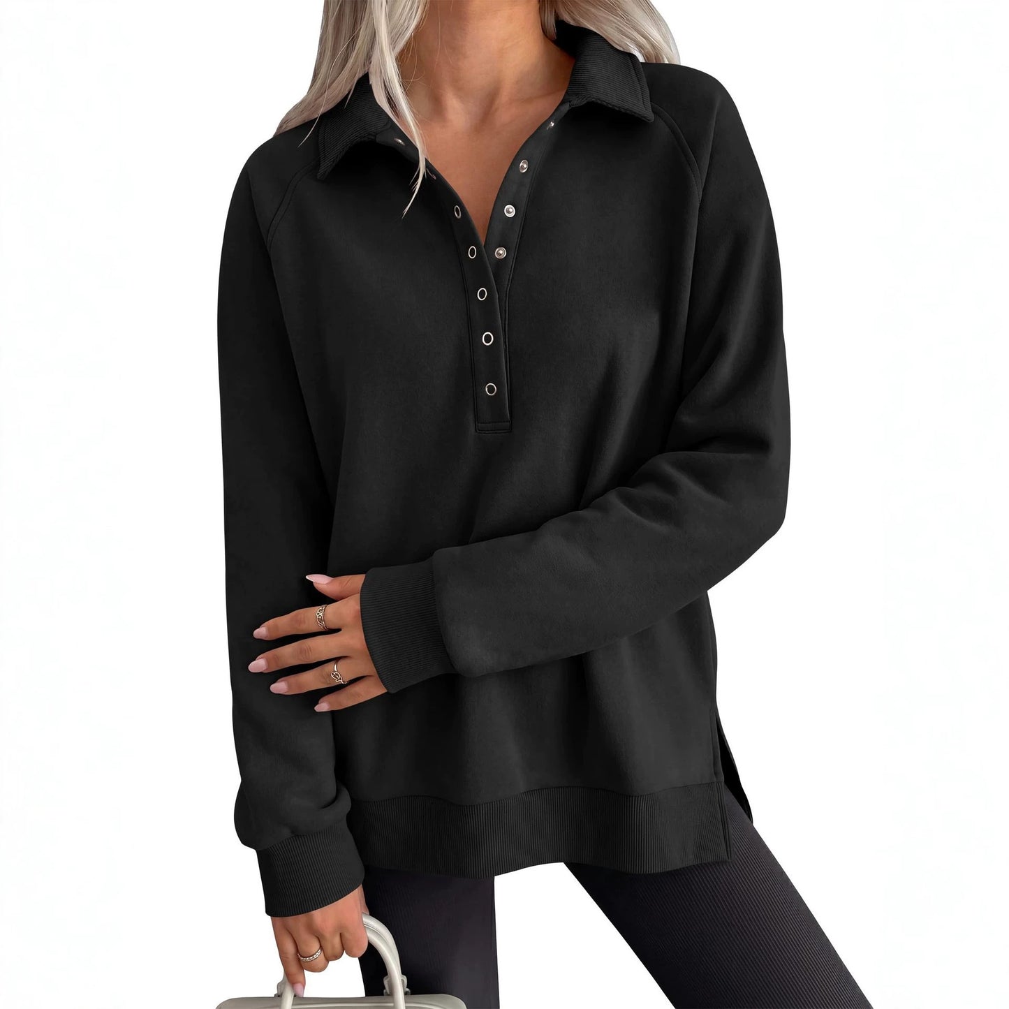 Women's Oversized Collared Button Pullover Sweatshirt