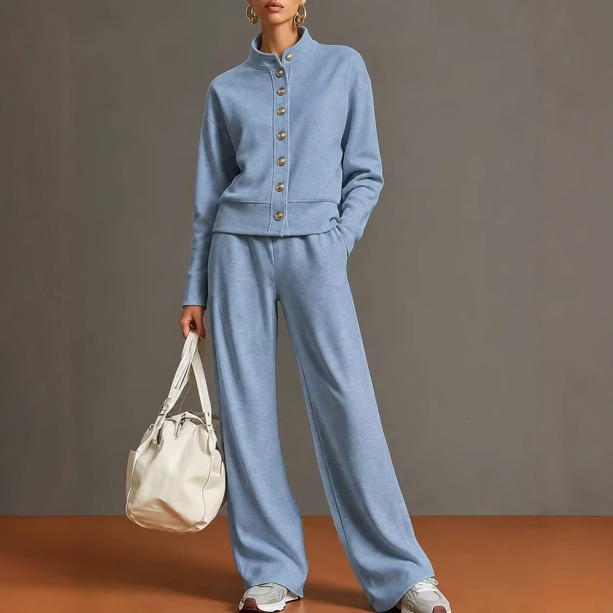 Women's 2 Piece Button Front Sweatshirt Wide Leg Set
