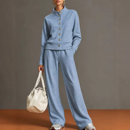 Women's 2 Piece Button Front Sweatshirt Wide Leg Set