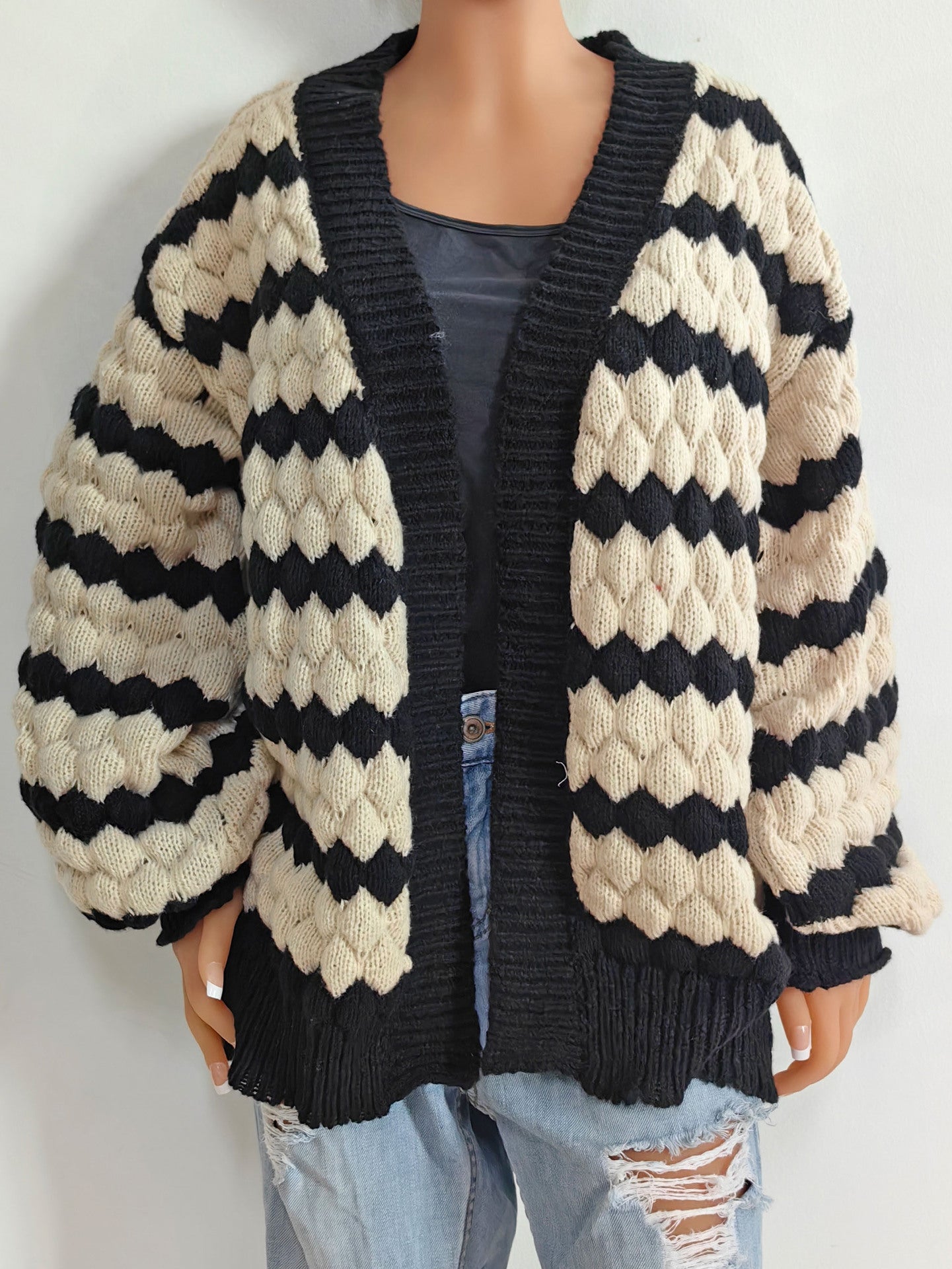 Women's Three-dimensional Contrasting Color Splicing Striped Cardigan Sweater