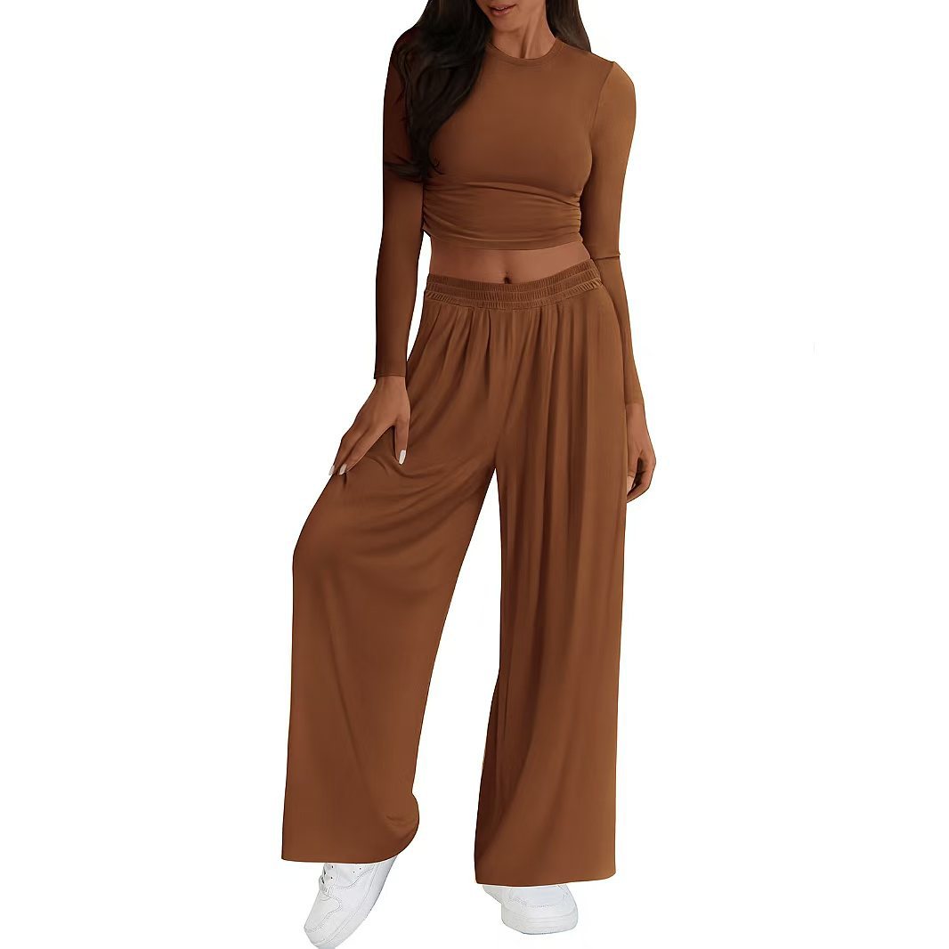 Womens Modal Crop Top Wide Leg Pants Two Piece Lounge Set