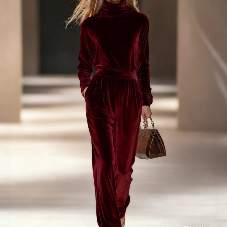 Women's Velvet Turtleneck Two Piece Pants Set Casual