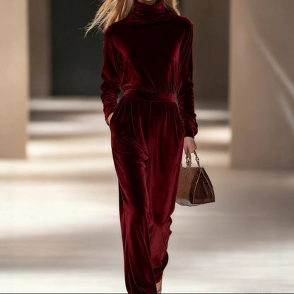 Women's Velvet Turtleneck Two Piece Pants Set Casual