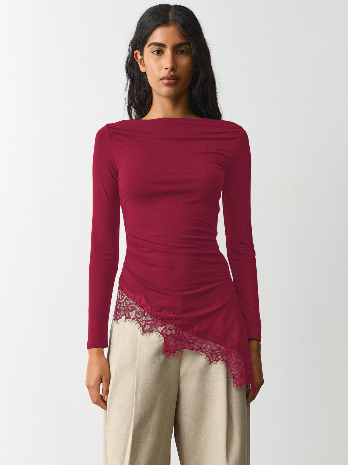 Lace Trim Long Sleeve Fitted Sexy Going Out Top