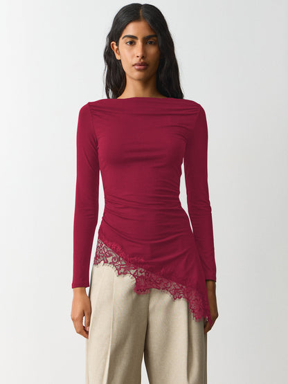 Lace Trim Long Sleeve Fitted Sexy Going Out Top