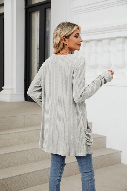 Women's Long Sleeve Ribbed Open Front Cardigan Pockets