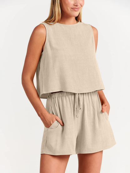 Sleeveless Top and Drawstring Shorts Two Piece Set