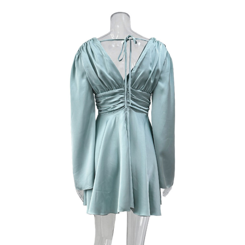 Women's Satin Bell Sleeve V-Neck Ruched Mini Dress