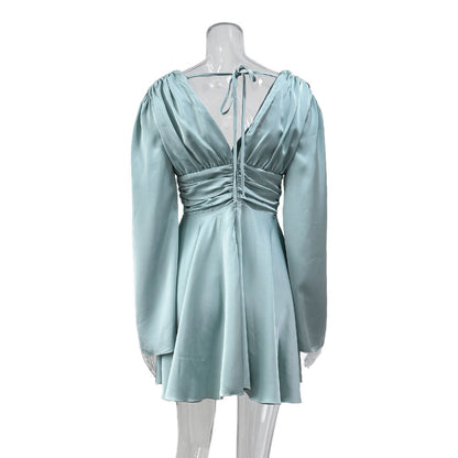 Women's Satin Bell Sleeve V-Neck Ruched Mini Dress