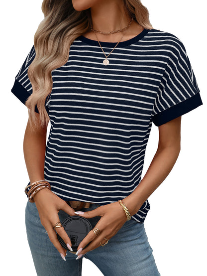 Striped Colorblock Short Sleeve Knit Tee for Women