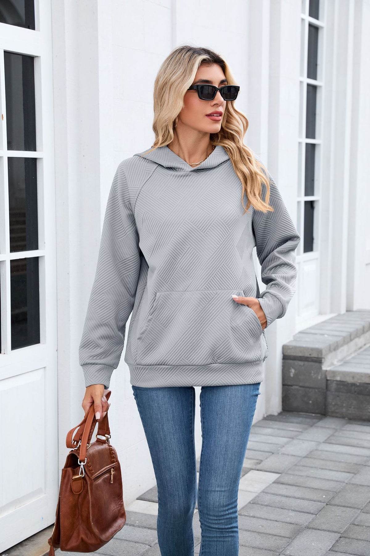 Women's Oversized Textured Hoodie Pullover with Pocket