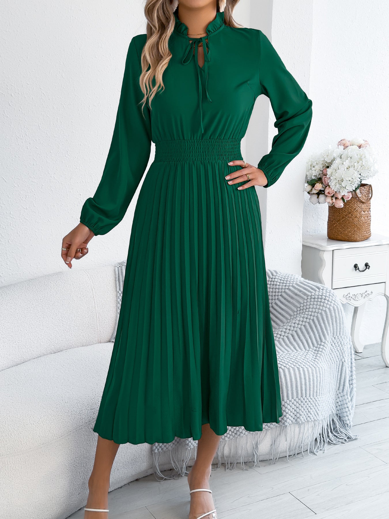 Pleated Chiffon Maxi Dress Elegant Tie Neck Long Sleeve