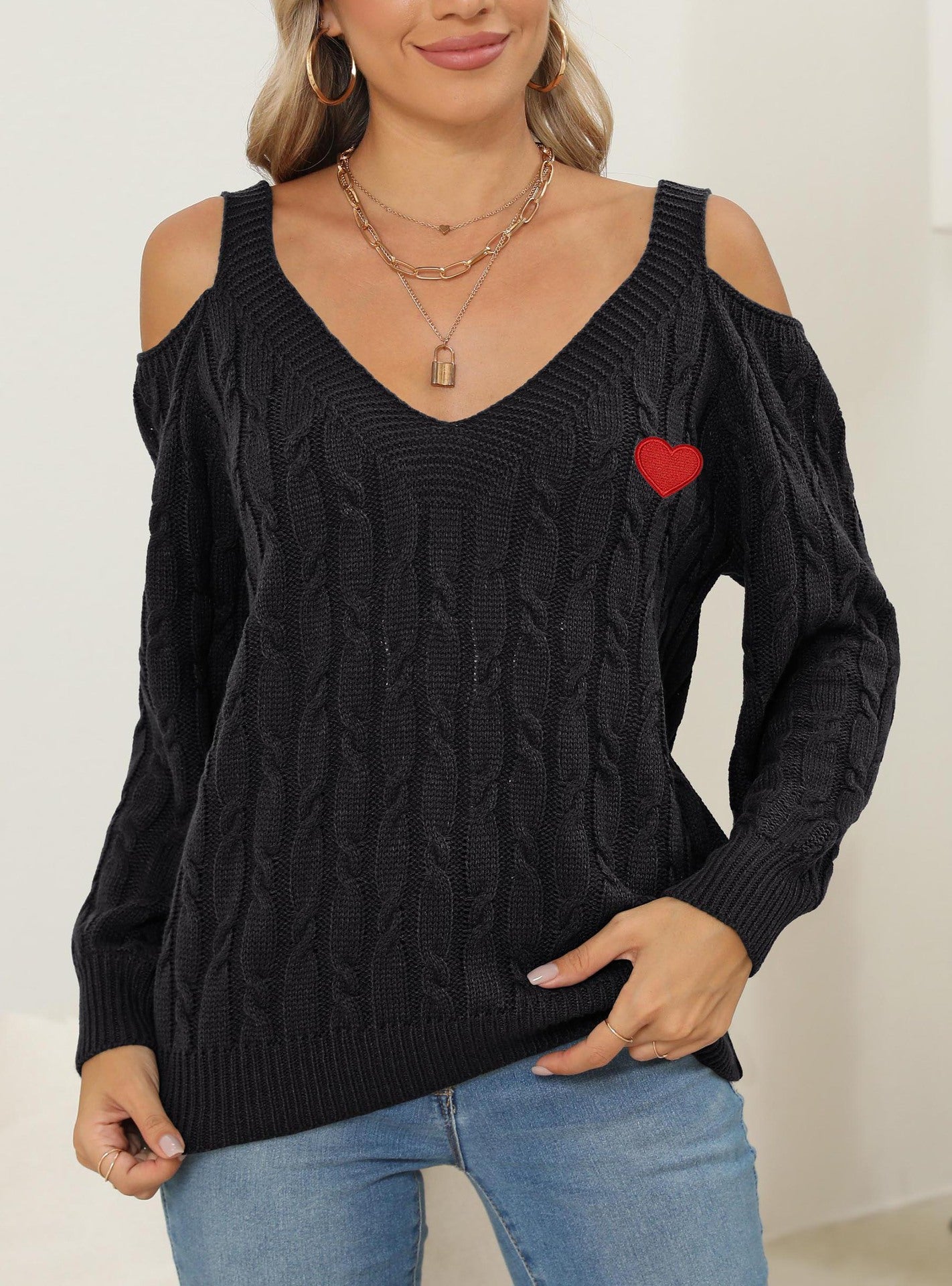 Women's Deep V Sexy Off-the-shoulder Love Pattern Bottoming Shirt