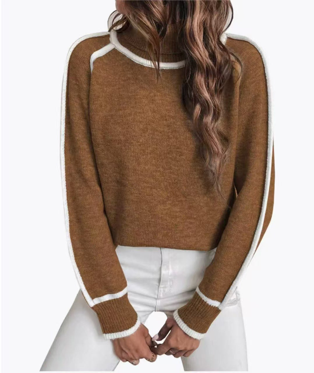 Women's Oversized Turtleneck Sweater Contrast Trim Pullover