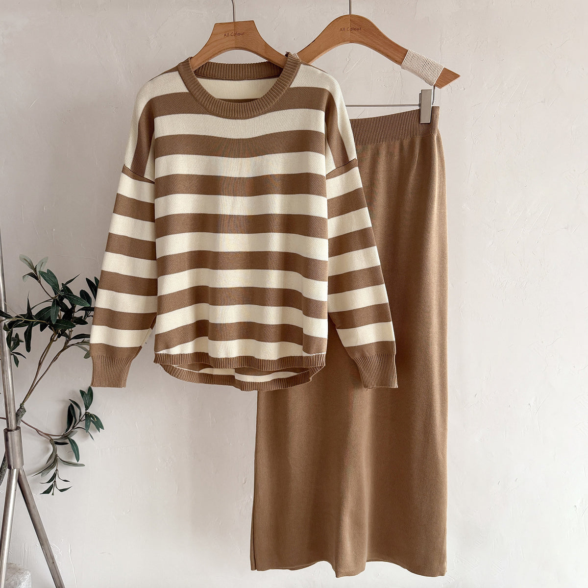 Striped Sweater & Midi Skirt Knit Matching Set