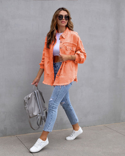 Hot Pink Distressed Denim Jacket Oversized Button Down