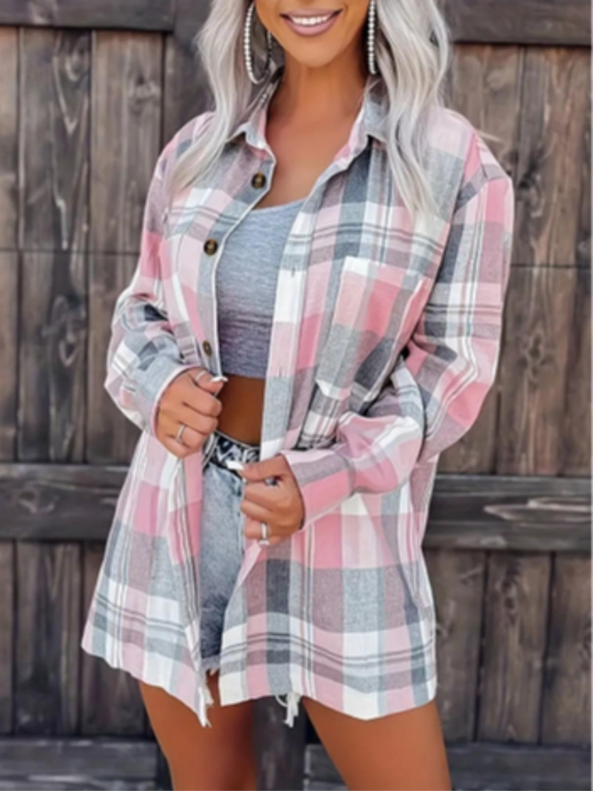 Womens Oversized Plaid Shacket Long Sleeve Button Down Top