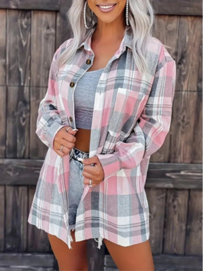 Womens Oversized Plaid Shacket Long Sleeve Button Down Top