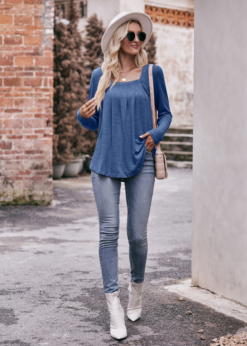 Square Neck Pleated Long Sleeve Top for Women
