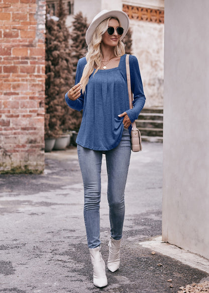 Square Neck Pleated Long Sleeve Top for Women