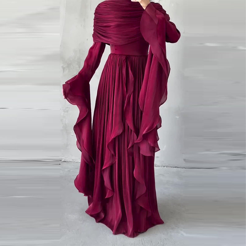 Women's Elegant Pleated Long Sleeve Maxi Dress