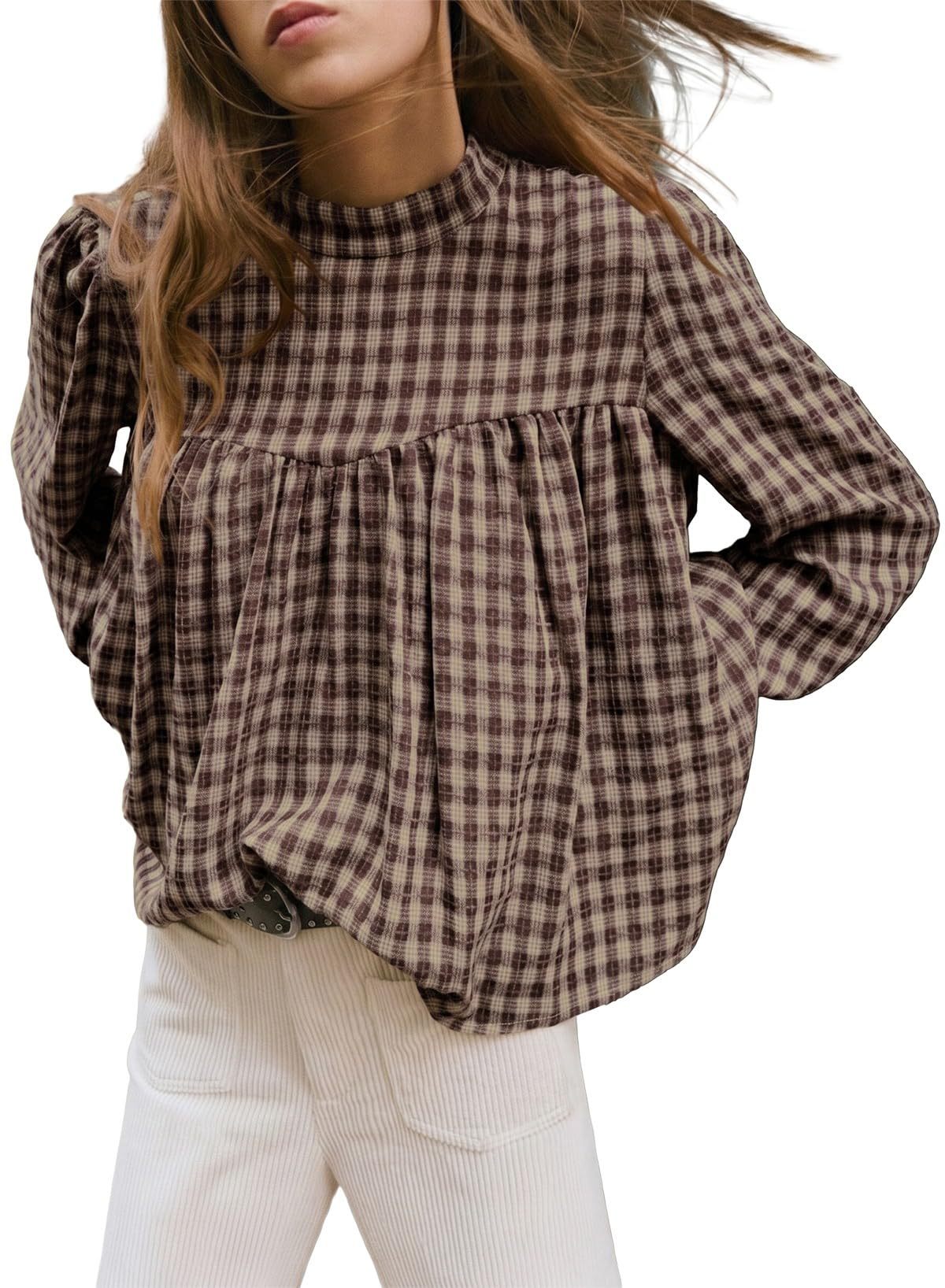 Women's Plaid Mock Neck Babydoll Long Sleeve Top