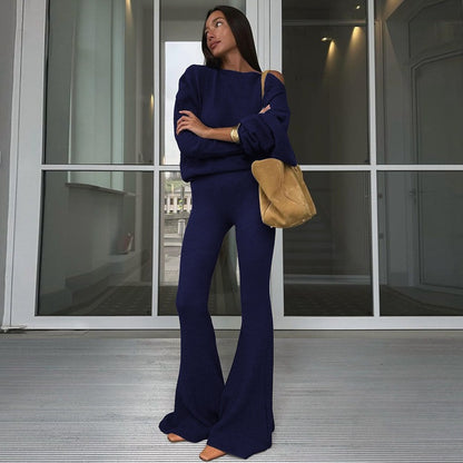 One Shoulder Fleece Top and Flare Pants Set