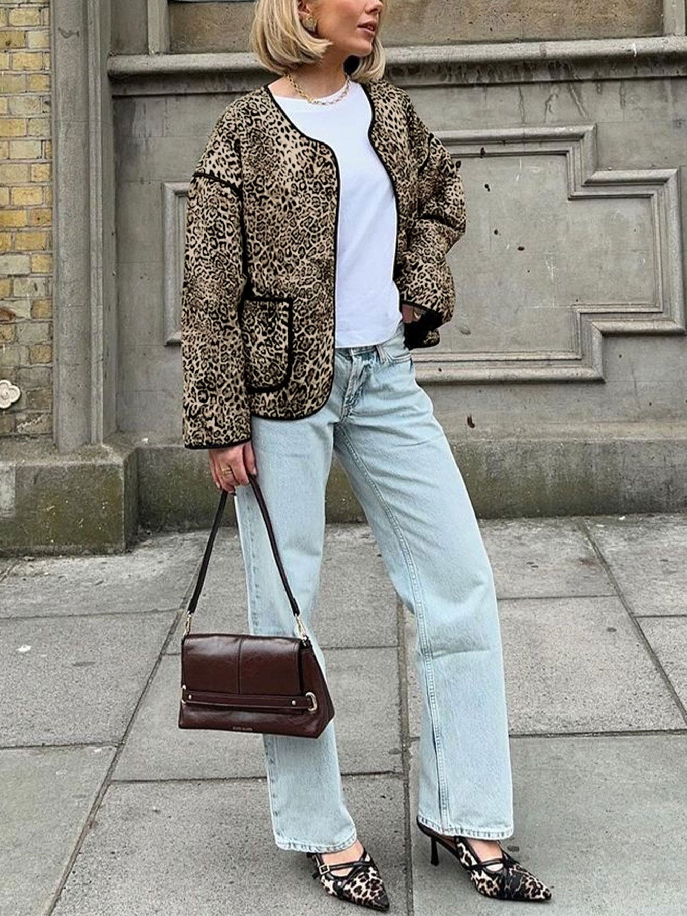 Vintage Leopard Print Autumn Spice Girl Crew Neck Short Jacket