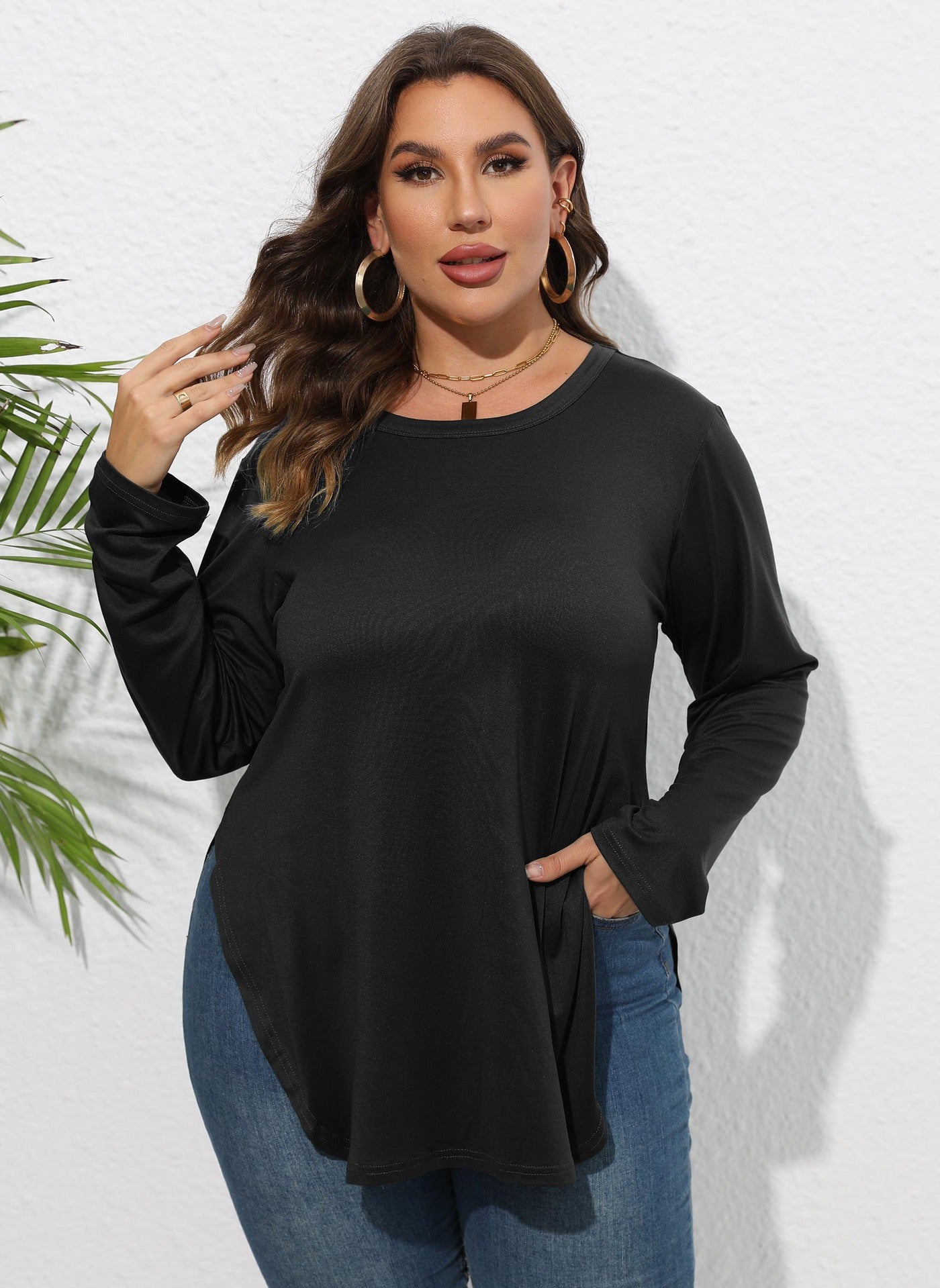 Women's Long-sleeved Solid Color Casual Irregular Slit T-shirt Base Layer