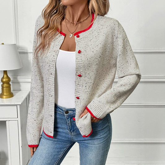Heart Button Contrast Trim Knit Cardigan Sweater