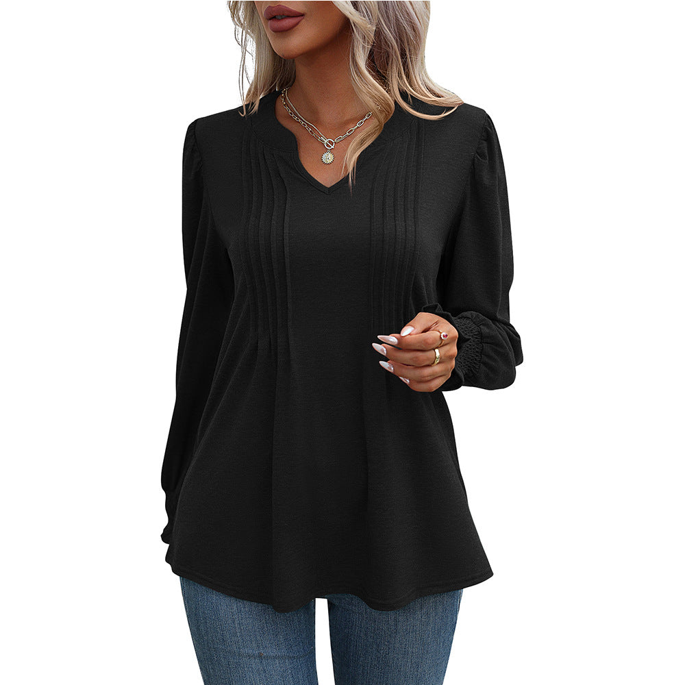 Long Sleeve V-Neck Top with Bubble Sleeves and Wrap Design