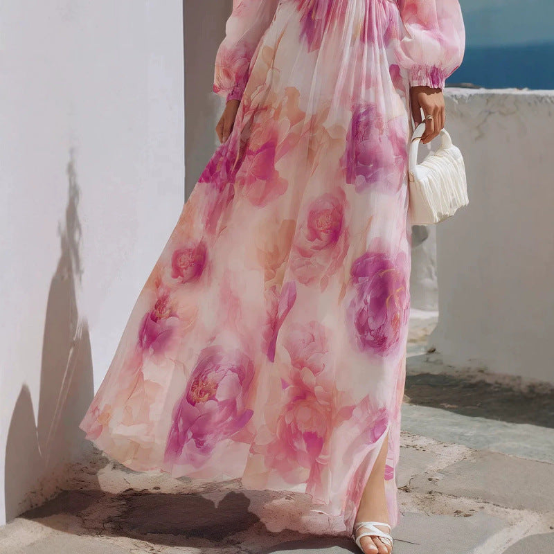 Pink Floral V-Neck Lantern Sleeve Maxi Dress