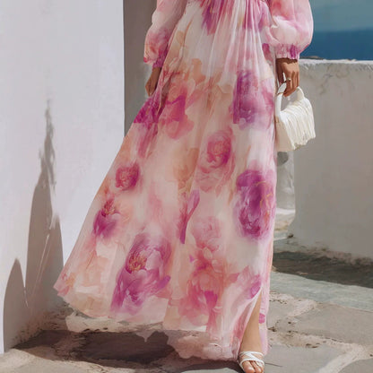Pink Floral V-Neck Lantern Sleeve Maxi Dress