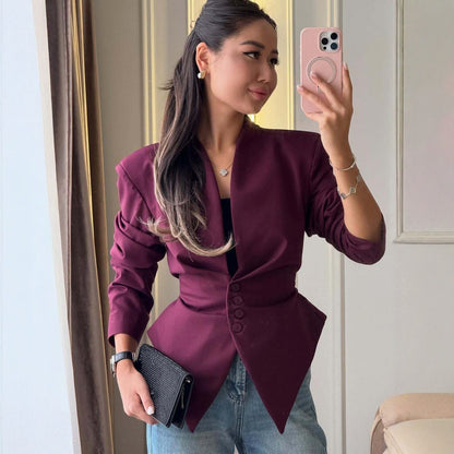 Women's Asymmetric Collarless Blazer Slim Fit Office Jacket