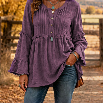 Women's Boho Ruffle V Neck Button Bell Sleeve Tunic Top
