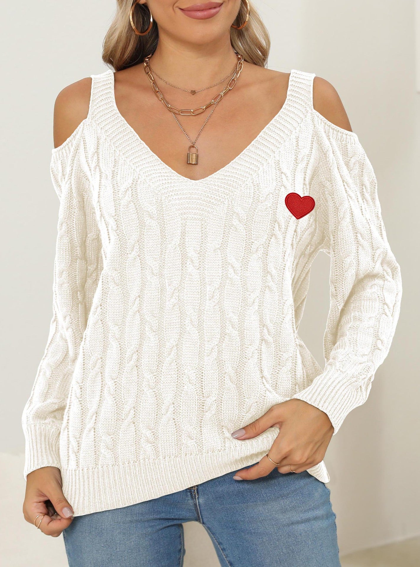 Women's Deep V Sexy Off-the-shoulder Love Pattern Bottoming Shirt