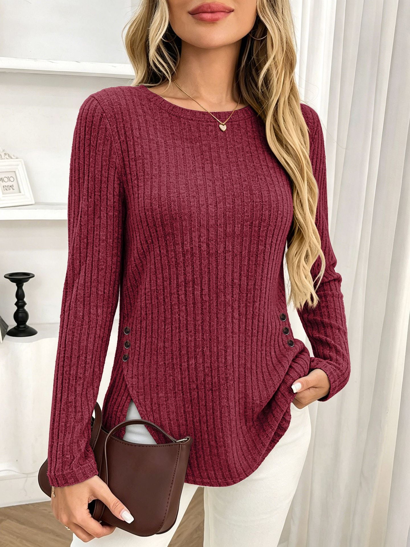 Ribbed Brushed Knit Button Side Long Sleeve Top
