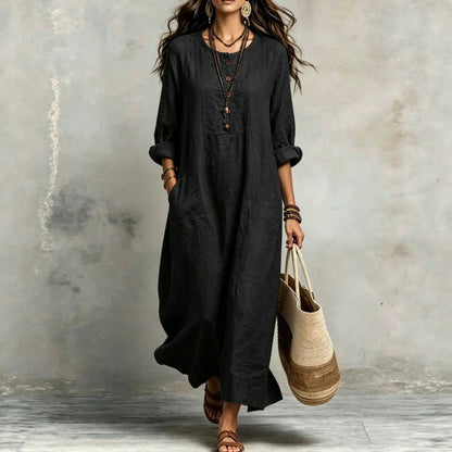 Women's Cotton Linen Maxi Dress Long Sleeve with Pockets
