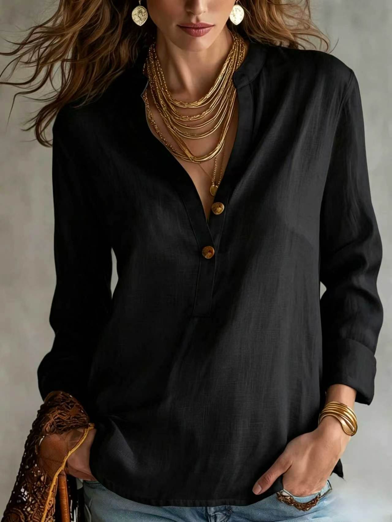 Women's V Neck Button Front Long Sleeve Casual Blouse