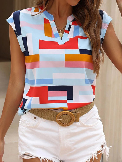 Geometric Print V-Neck Batwing Sleeve Blouse