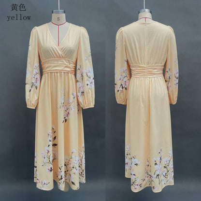 Floral V Neck Pleated Long Sleeve Maxi Dress
