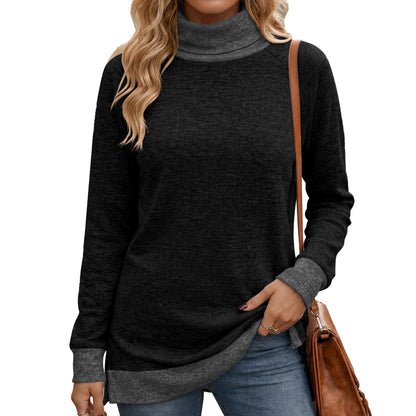 Color Block Turtleneck Long Sleeve Side Slit Tunic Top