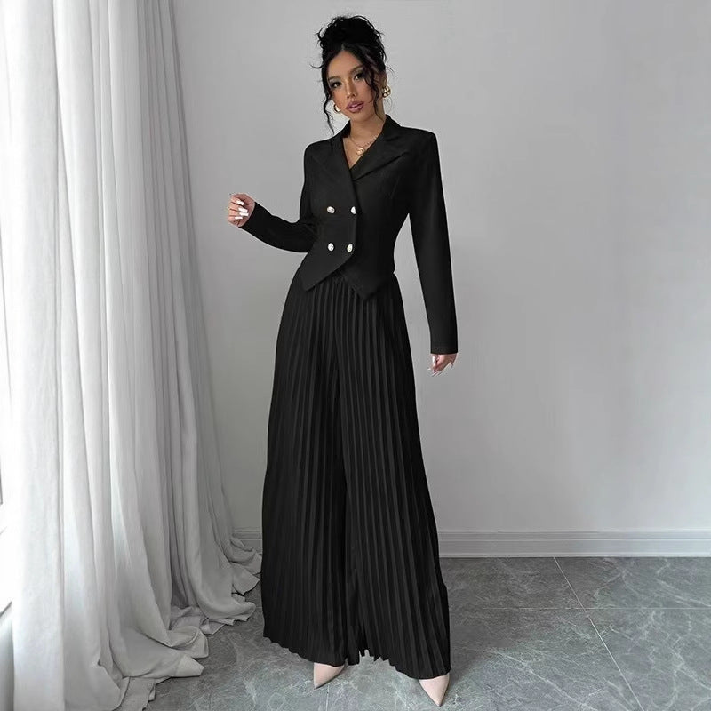 Women's 2 Piece Blazer Set Pleated Wide Leg Pants